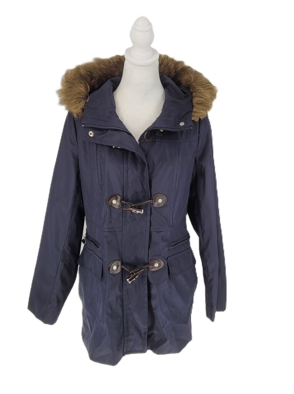 Calvin Klein Womens Blue Faux Fur Trim Hooded Toggle Outdoor Parka Jacket Size S
